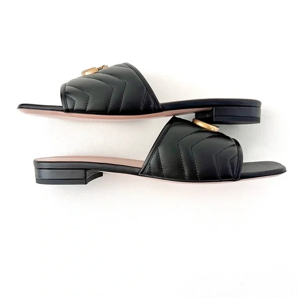 GUCCI | Marmont GG Jolie Matelasse Quilted Black Leather Low Heel Slides Sandals - Picture 7 of 14